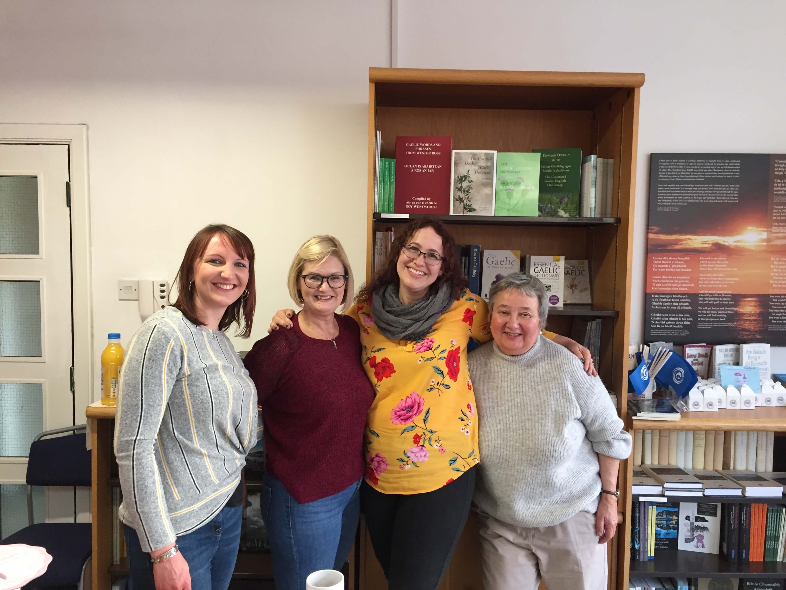 L to R: Shelagh Campbell and Rosemary Ward of the Gaelic Books Council, Dr. Emily McEwan, and Bradan Press author Marion F. Morrison at the Gaelic Books Council