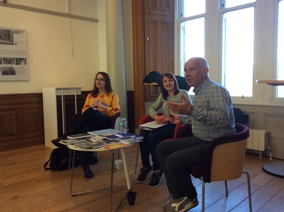 L to R: Dr. Emily McEwan of Bradan Press, Shelagh Campbell of the Gaelic Books Council, and Michael Klevenhaus of Deutsches Zentrum für Gälischen Sprache und Kultur/Acadamaidh na Gàidhlig sa Ghearmailt at the Goethe Institut, Glasgow