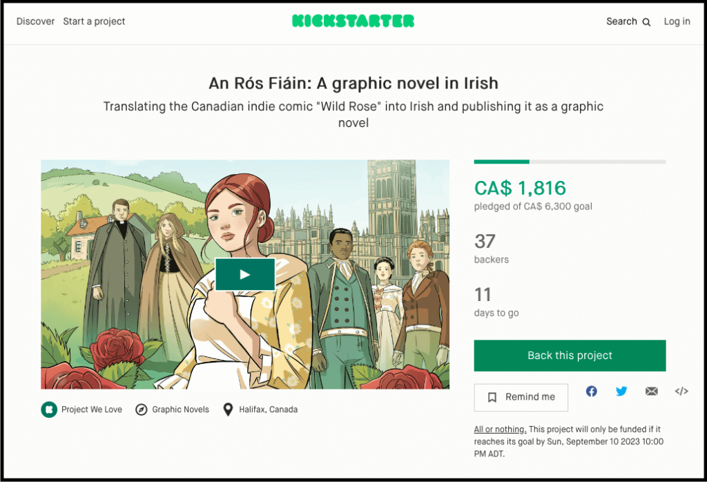 The Kickstarter campaign for An Rós Fiáin, a graphic novel in Irish
