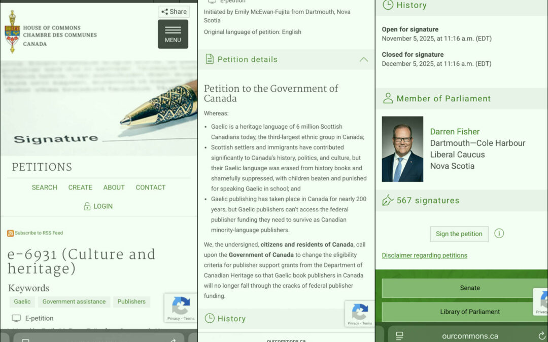 Canadian Gaelic Publishing Petition to Sign by 5 Dec 2025